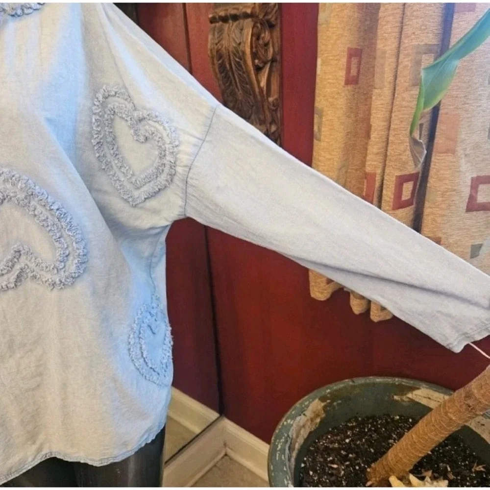 Made in Italy 100% Cotton Heart‎ Appliqué Lagenlook Oversized Boho Top Size O/S